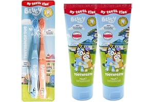 CHEEROO Bluey - Juego de cepillos de dientes y pasta de dientes con sabor a fresa, combo ideal de cepillo de dientes y pasta de dientes para niños pequeños, blanqueamiento suave de pasta de dientes, cepillo