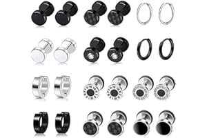 BVLAGIDA 12 Pares Pendientes Hombres Acero Inoxidable Pendientes de Aro Pendientes Fake Plug Negro Redondo Pendientes Hipoalergénico Barbell Pendientes para Hombres Mujeres