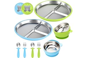 comeder 8 Pack Stainless Steel Baby Feeding Set with Suction, 2 Toddler Bowl & 2 Divided Plate & 2 Spoons and Forks Set for Baby Led Weaning Supplies, Unbreakable & Dishwasher Safe