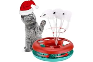 BOUMOUR Interaktives Katzenspielzeug 2-in-1 Spielzeug mit Maus，Katzen Rotierende Teaser Feder und Ball (Rot)