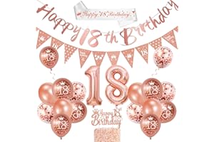 VICTERR 18th Birthday Decorations, Rose Gold 18th Birthday Decorations for Girls,Happy 18th Birthday Banner Triangle Flag Bunting 18th Birthday Sash 18 Balloons Cake Topper for Happy 18 Party Supplies Favor
