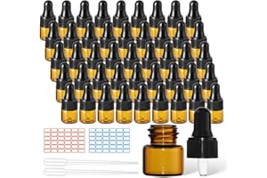 Syhdfxknp 45 Piezas 1ml Frasco Cuentagotas Frasco de Pipeta de Cristal Botellas de Vidrio Ámbar con 2 Pipeta Cuentagotas y Etiquetas se Puede Utilizar para Perfumes Aceites Esenciales y Aromaterapia