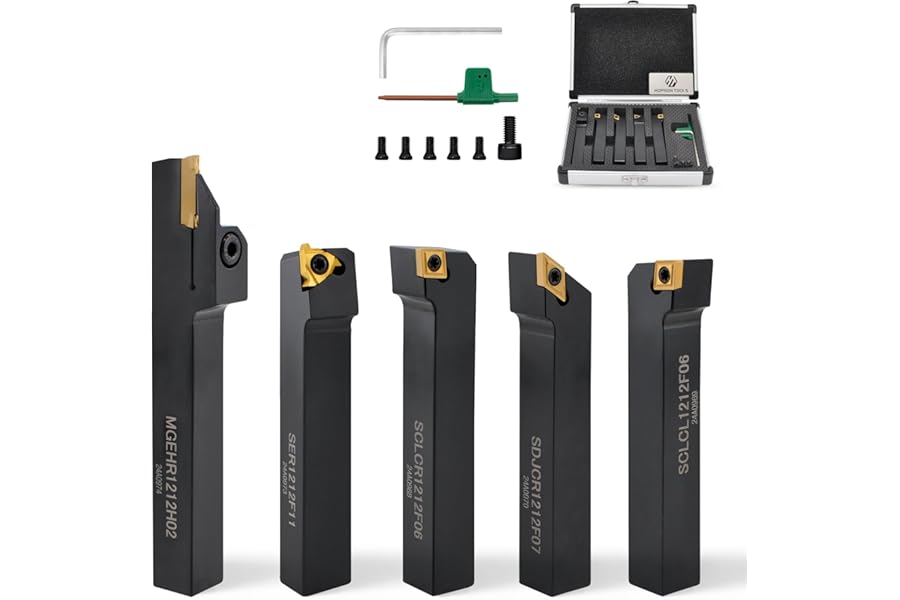 Indexable Insert Holders Carbide Lathe Turning Tool Set 12mm Shank 5 Tool Holders + 5 Inserts for Metal Lathes in Aluminium Case
