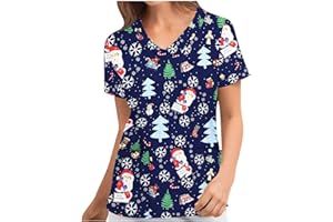 CHAOEN Women Christmas Nurses Scrub Top Short Sleeve Floral Printed Scrub Shirt Casual V-Neck Christmas Snowflake Printing Working Tunic Uniform Blouse