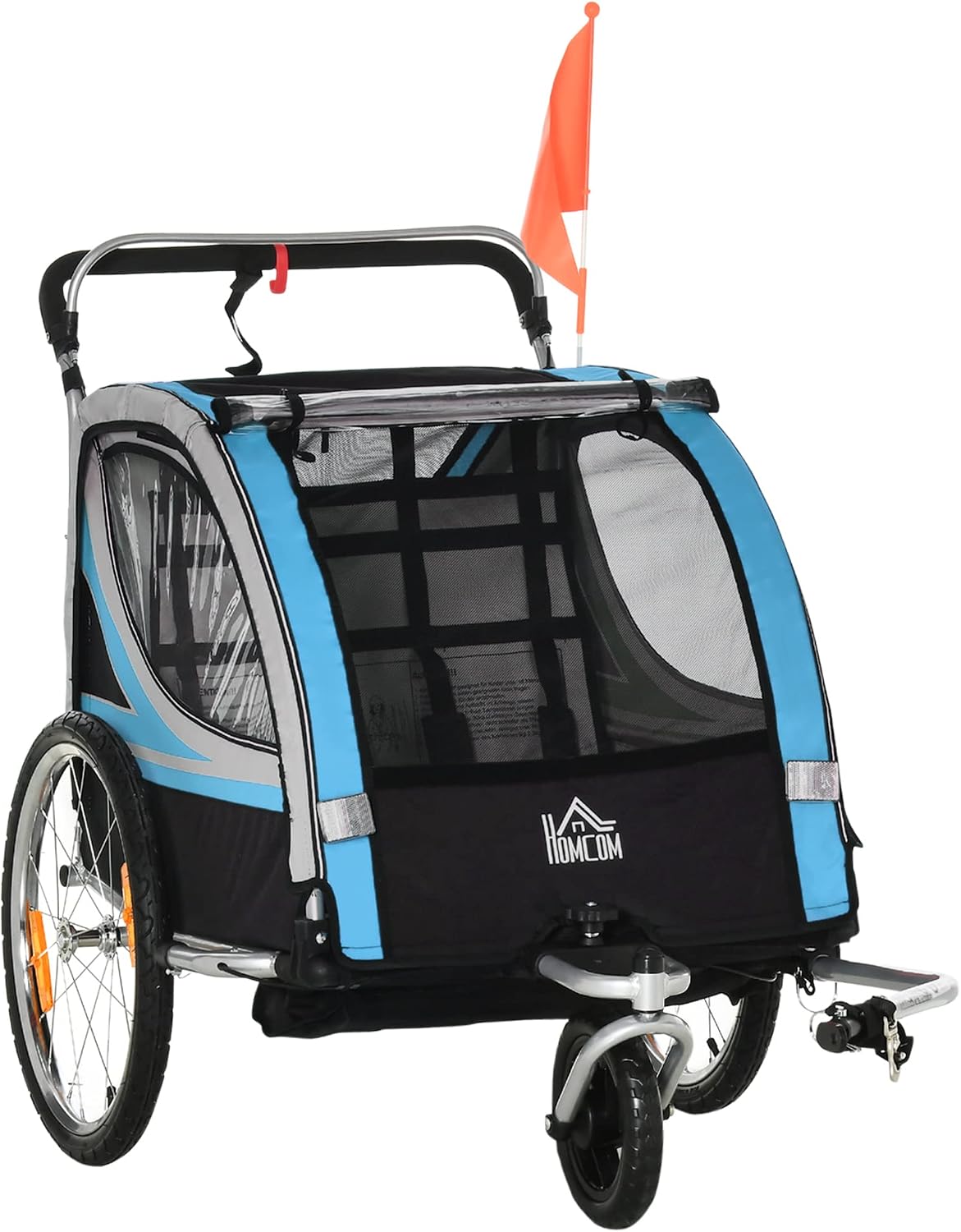HOMCOM Remolque de Bicicleta para Niños y Cochecito, Diseño 2 en 1 con Freno, Cinturón de 5 Puntos, Carro Remolque para Bicicleta con Bolsillos Laterales, Reflectores y Banderín