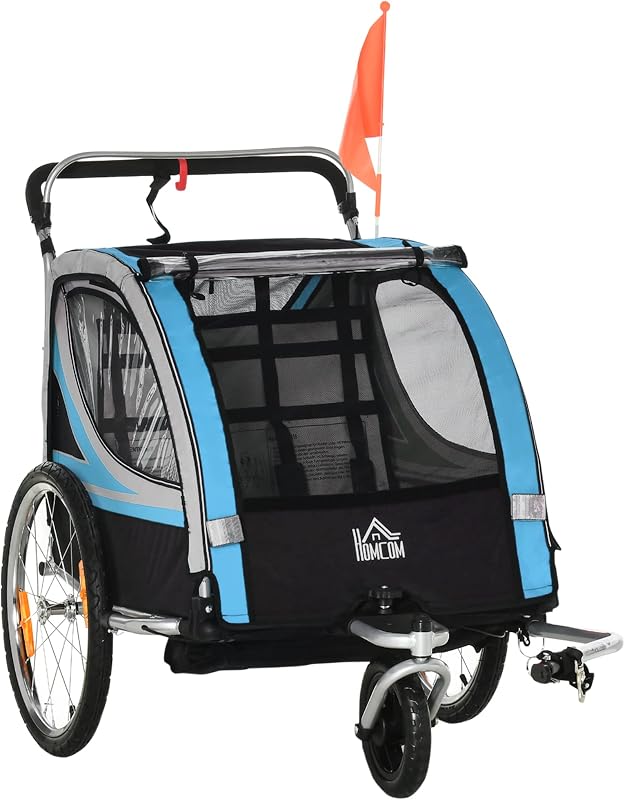 HOMCOM Remolque de Bicicleta para Niños y Cochecito, Diseño 2 en 1 con Freno, Cinturón de 5 Puntos, Carro Remolque para Bicicleta con Bolsillos Laterales, Reflectores y Banderín