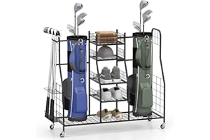 ‎LIFEZEAL LIFEZEAL Organizer für Golfschläger, Aufbewahrungsständer mit Halterung & Rollen, Golf Storage Rack für Sportausrüstung, Golftaschenregal für 2 Golftaschen und Zubehör