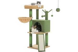 PurpurRain Katzenbaum, mehrstufiger Katzenturm für Hauskatzen, Katzenkletterbaum-Condo mit Sisal überzogenen Kratzpfosten, tiefer Hängematte und interaktivem Katzenspielzeug, Grau 105cm (Grün)