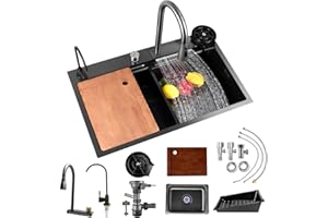 BriSunshine Fregadero de Cocina en Cascada Acero Inoxidable,Multifunción Fregaderos de Estación Trabajo Bar 1 Seno,con Grifo Extraible Lavadora de Tazas,Bajo/Sobre Encimera,(75×46cm) Negro Ligero