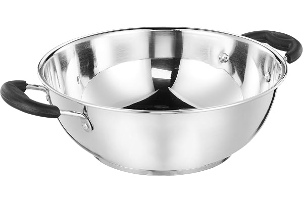Amazon Brand - Solimo Stainless Steel Kadhai Gas and Induction Compatible Heavy Bottom for Better Heat Retention 25 cm Dia 3 L Capacity Height: 15 cm Diameter: 25 cm Silver, 3000 ml