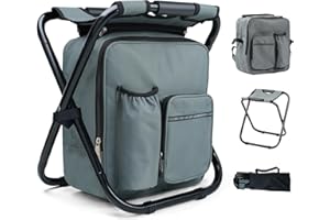 Outplea 40CM Tabouret Pliable Camping avec Poche de Glacière Amovible, Siege de Peche avec Sac à Dos, Compact et Fonctionnel, Chaise Pliante pour Chasse Pique-Nique, Gris