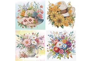 DCIDBEI Pack de 4 Pinturas de Diamantes Forma Especial 30x30cm Cuadros de Diamantes Florero Kit Punto de Cruz Mujer Sombrero Colorido y Flores
