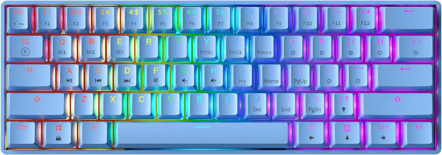 GK61, Teclado mecánico para gaming, 61 teclas multicolor RGB, retroiluminado con iluminación LED, con cable, programable, para jugadores de PC y Mac