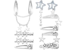 Nogeqi Y2k - Barrette à cheveux argentée - Fermeture à pression - Motif étoile Kawaii - Style punk - Rétro - Pour femme, fête, concert, quotidien - Acier inoxydable