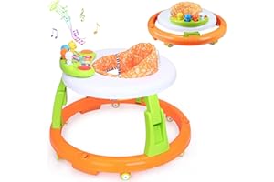 EastSun Baby Walker for Boys and Girls Toddler, Mute Anti Rollover Walkers for Babies from 6+ Months, Round Baby Walker with Wheels Foldable Baby Chair with Activity Table