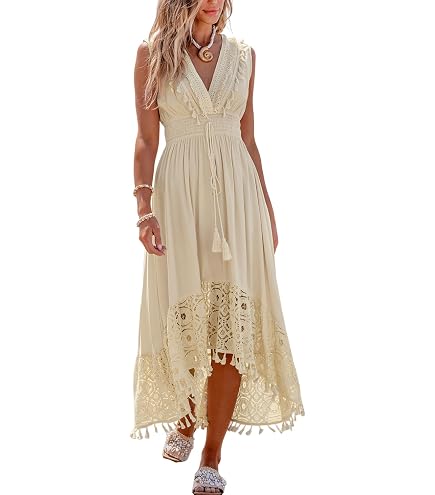 Gacaky Damen-Sommerkleid – Maxikleid Mit Spitze & Blumenstickerei, A-Linie, Boho-lang