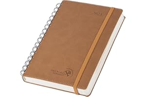 POPRUN Agenda 2025 Día Por Página Espiral 21,5 x 14,5 cm, Planner Diaria con Tapa Blanda una Página al Día, 12 Meses, Banda Elástica, 80 GSM Papel EU, Marrón
