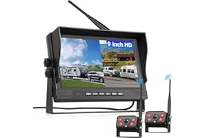 VECHTEL Kit Telecamera Posteriore IPS HD 9 Pollici senza Fili con 2 Telecamera, BSD/DVR, Telecamera Retromarcia Auto Wireless Impermeabile IP68 con Visione Notturna per Camion, Camper, Furgoni
