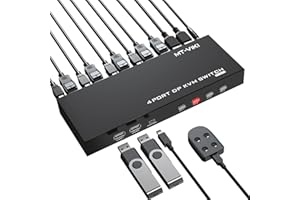 MT-VIKI 4x1 DisplayPort KVM Switch - 4K@60Hz, 4 in 1 out with 4 DP Cables + 4 USB Cables + Desktop Controller