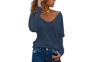 Homlan T-shirt à manches longues, col en V et rayures en mesh, coupe élégante, ample et décontractée, pour femme