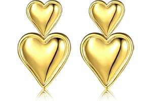 Sfoni Heart Earrings for Women - Double Heart Earrings Chunky Gold Statement Earrings for Lady Girls Hypoallergenic Love Heart Earrings Dangly Jewellery Gift Christmas Valentines