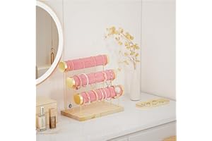 Lolalet Detachable Bracelet Holder Stand, Gold Bracelet Organiser for Selling, Velvet Wrap Bracelet Display Rack with Wooden Base for Bangles Scrunchies Watches -3 Tier, Pink