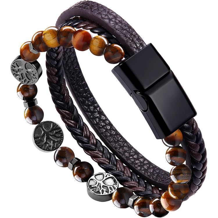 Casisto.J Lederarmband Herren Aus Echtem Leder Mit Edelstahl-Perlen & Magnetverschluss – In Geschenkbox, Braun/schwarz/blau
