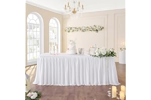 NSSONBEN 183cm White Polyester Table Skirts for Rectangle Tables, Wrinkle Free Ruffle Pleats Cloth Table Skirt for Banquet Wedding Birthday Baby Shower Trade Meeting Cake Dessert Tables(No Top Cover)
