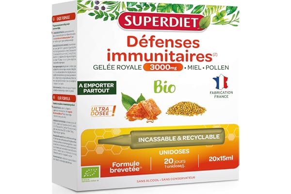 SUPERDIET- GÉLEE ROYALE 3000MG BIO- Défenses immunitaires, Vitalité - Formule Brevetée - Format nomade - 20 Unidoses de 15 ml