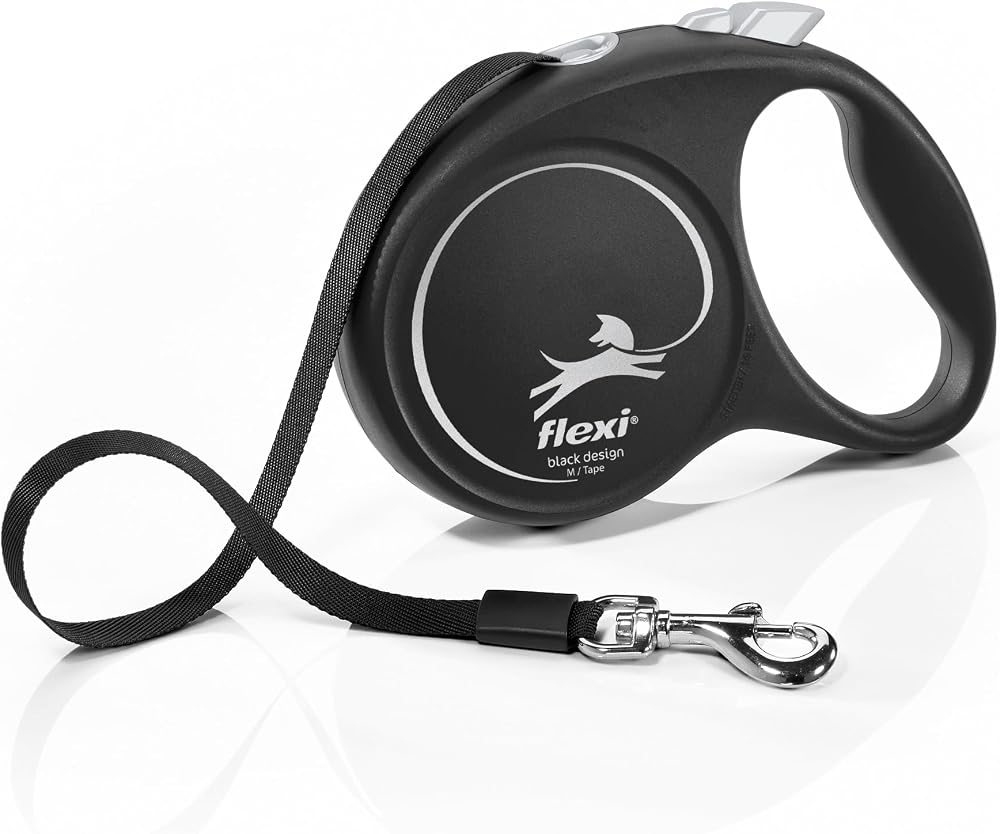 Flexi Black Design M Beden Siyah 5MT Şerit Tasma | Tek elle acil fren, durdur ve git düğmesi, ergonomik yumuşak sap, sağlam karabina, Almanya'da üretilmiştir