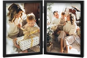 AVEAX Double Photo Frame 4x6 Hinged Folding Wood Picture Frame with Glass Front Stand Vertical on Desktop Black