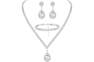 CASSIECA Bridal Jewelry Set for Wedding Simple Necklace Teardrop Dangle Earrings Bracelets Crystal Prom Bridal Bridesmaid Tennis Jewelry Set