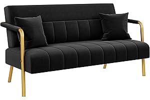 Yaheetech 2 Seater Modern Sofa Velvet Fabric Loveseat with Gold-tone Metal Arms and Legs for Bedroom, Home Office, Studio, Living Room Furniture Black