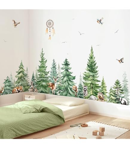 Stickers Muraux Enfants Forêt Animaux Mignons - Arbre Ratons Laveurs Écureuils Cerfs Fleurs Papillons, Déco Chambre Bébé Garçon Fille