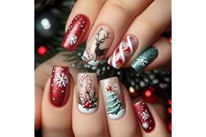 SHENGQIALUN Christmas Press On Nails - Middle Square False Nails - Cute Winter Nail Arts With Reindeer & Snow - 24pcs Red & Green Xmas Stick On Nails With Jelly Glue