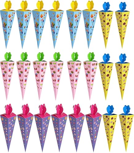 COM-FOUR 2x Schoolkegels – Karton, Opvouwbaar, Met Schoolmotief – Groen-geel En Rood-blauw – Voor De Eerste Schooldag, Geschikt Voor Snoep En Kleine Cadeautjes