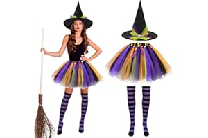 Beipegin Disfraz Bruja Mujer,Neon Falda Tutú Gorro Bruja y Medias Disfraces Halloween Witch Costume Adulto Disfraces Carnaval Cosplay