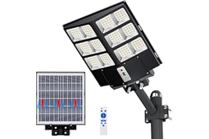 JAYNLT 1000W Lampione Solare Led Esterno, 6500K Faro Stradale con Pannello Solari, IP67 Impermeabile Luci Solari di Sicurezza, Lampioni Stradale con Sensore Movimento per Sentieri, Vialetti, Giardino