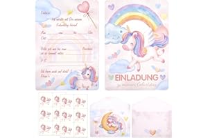 XIONGHONGLONG 12x Einhorn Einladungskarten Kindergeburtstag,mit Umschlägen & Stickern,Einladungskarten Geburtstag Madchen,einladungskarten einhorn,einhorn geburtstag,für Geburtstag,Geschenke für Mädchen