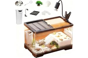 Turtle Tank Ultra Clear, Aquarium Tank Kit with Light and Filter, Removable Tortoise Aquarium Habitat with Platform, Bottom Drainage, Multi-Function Areas for Fishes and Amphibians Reptiles (L)