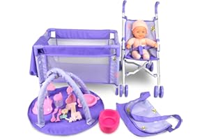 ANIVIA Babypuppenwagen - Zubehörset für Babypuppen, bestehend aus Puppenwagen, Puppenwiege, Spielmatte, Rollenspielset für das Kinderzimmer Violett