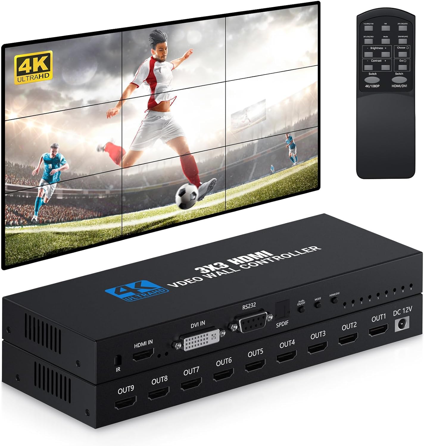 MICROWARE 4K 3x3 HDMI Video Wall Controller Player for Screen Splicing HD TV Cabler Pictures Display Stitching Processor Monitor Display