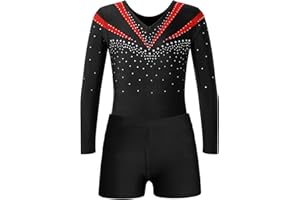 Jugaoge Mädchen Turnanzug Strasssteine Gymnastikanzug Langarm Trikotanzug mit Bein Sport Yoga Fitness Training Shorts Kurze Hose Tanz Kleidung Set