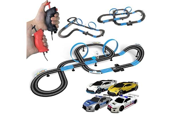 AGM MASETCH High Speed Series Tram Dual Track Set, Piste électrique de 8,4 m avec 4 véhicules de Course de Voitures à sous, livré avec 2 Commandes manuelles et pièces de Piste et Un Compteur de Tours