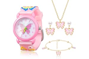 HERDEAR Schmetterling Kinderuhr mit Kinder Schmetterling Schmuckset Rosa Niedliche Cartoon Armbanduhr Schmetterling Halskette Armband Ohrringe für Mädchen Prinzessin Geschenke