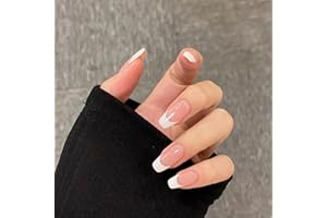 OKAQEE 24pcs False Nails With Glue - Long Coffin Ballerina Manicure Full Cover Press on Nails - Cool Fake Nails for Women Girls (Nude French White)
