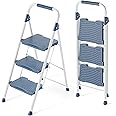 KINGRACK 3 Step Ladder, Sturdy Step Stool with Handrail, Anti-Slip Wide Pedals, Foldable Step Stool for Home, Garage, Garden, Safety Locking, Pass 900LBS Testing, Blue