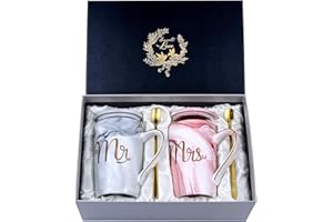 ALBISS Mr E Mrs Tazze Caffè Coppia, Idee Regalo Matrimonio Sposi Originale, Regali di Nozze e Anniversario Fidanzamento, Tazze Marmo Ceramico 400ml con Cucchiai, Coperchi e Biglietto D'auguri, Scatola Regalo