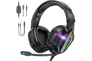 Krysenix PG2 RGB Gaming Headset für PS4, PS5, PC, Xbox, Nintendo Switch, Ps5 Gaming Headset mit Mikrofon, Xbox Gaming Kopfhörer mit LED, Noise Cancelling Kopfhörer mit 3.5mm Klinke,Reines Schwarz