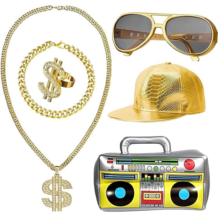 NAMIC Dollar-Ketten-Set Für 70er/80er/90er Kostüm – Inkl. Kette, Armband, Ring & Sonnenbrille, Gold